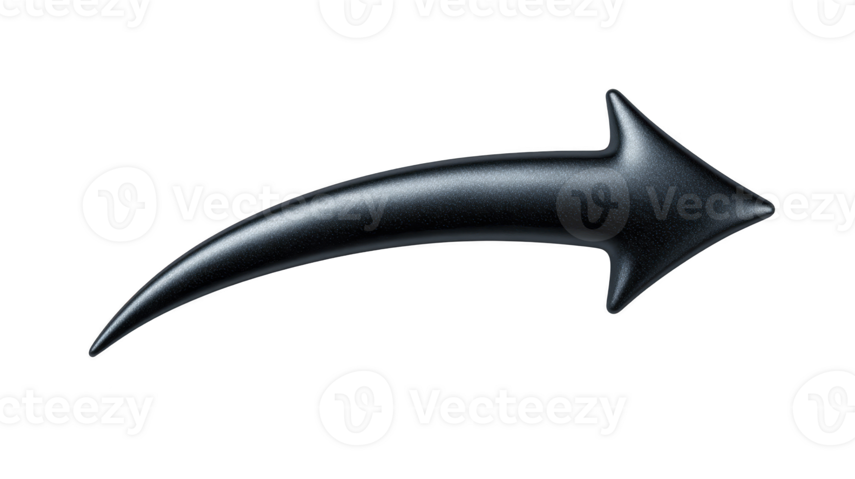 Curved black arrow pointing right, glossy metallic style, isolated on transparent background, ideal for web design, navigation, direction, or infographic elements png