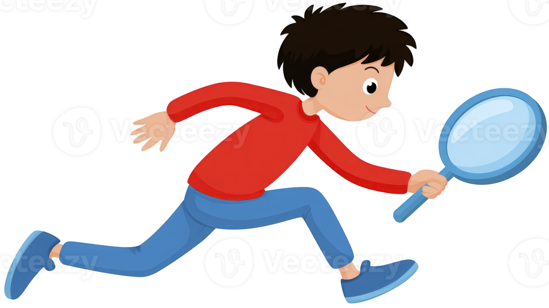 Curious boy running with magnifying glass, searching and exploring with excitement, cartoon style, isolated on transparent background png