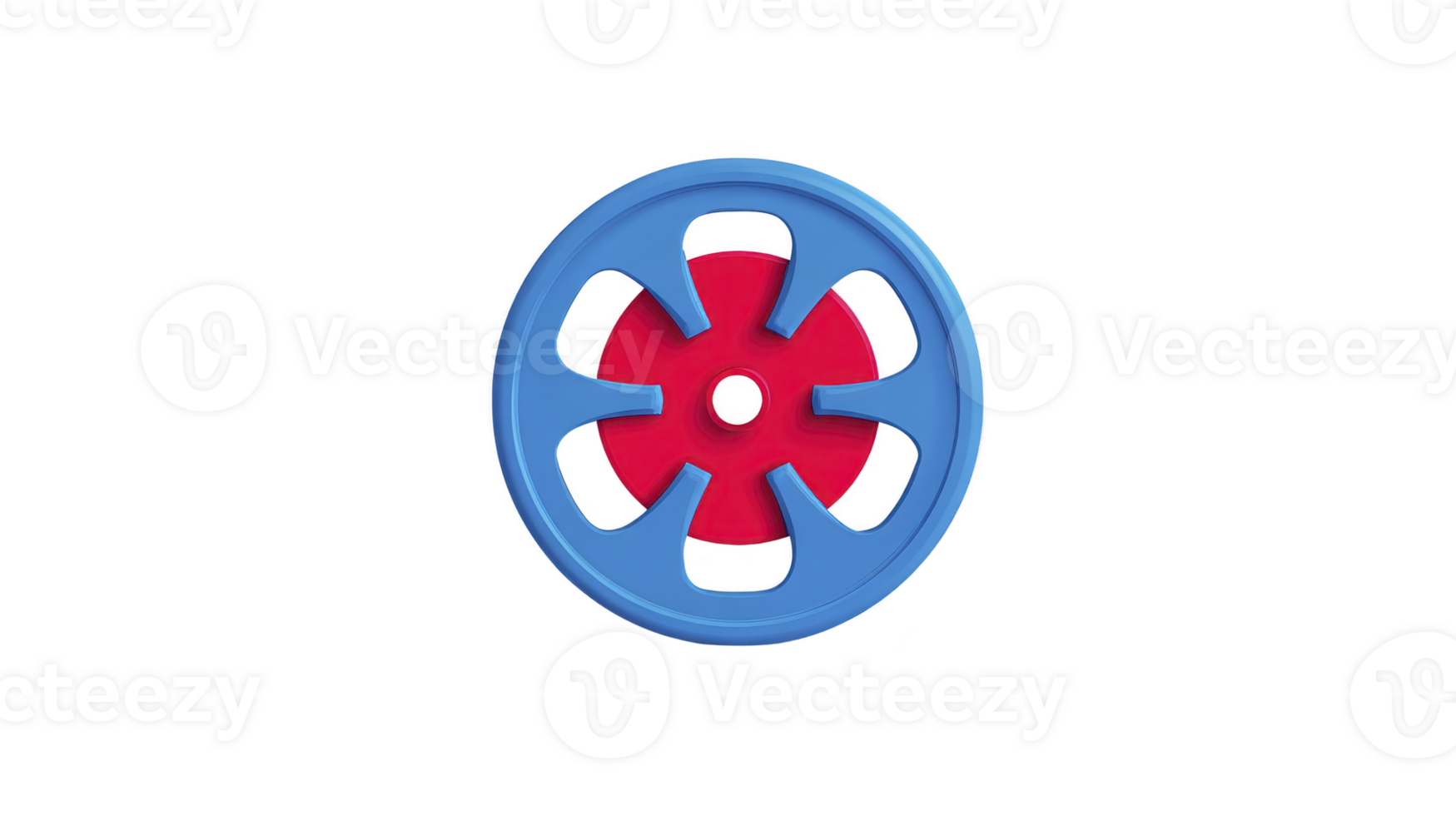 Blue plastic wheel with red hub circular shape isolated on transparency background toy part simple design vibrant color playful lightweight durable mechanical component png