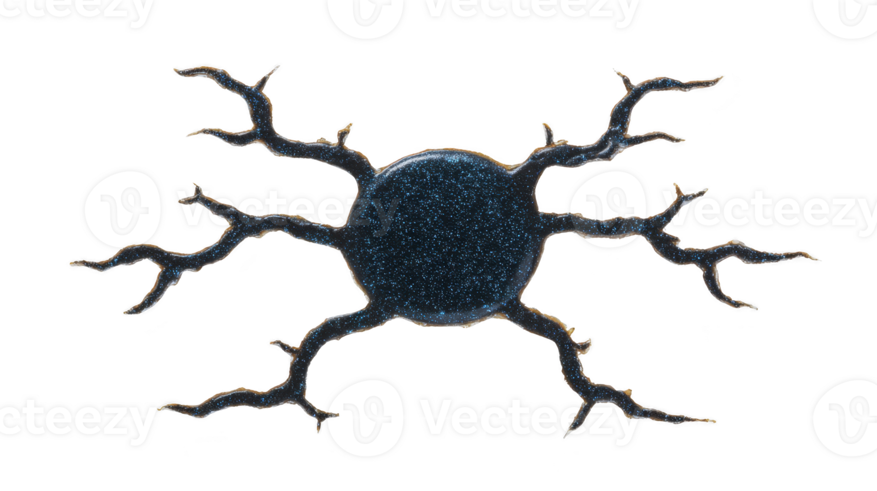 Dark abstract shape with branching lines radiating from central circle, resembling stylized neuron or organic network, isolated on transparent background png