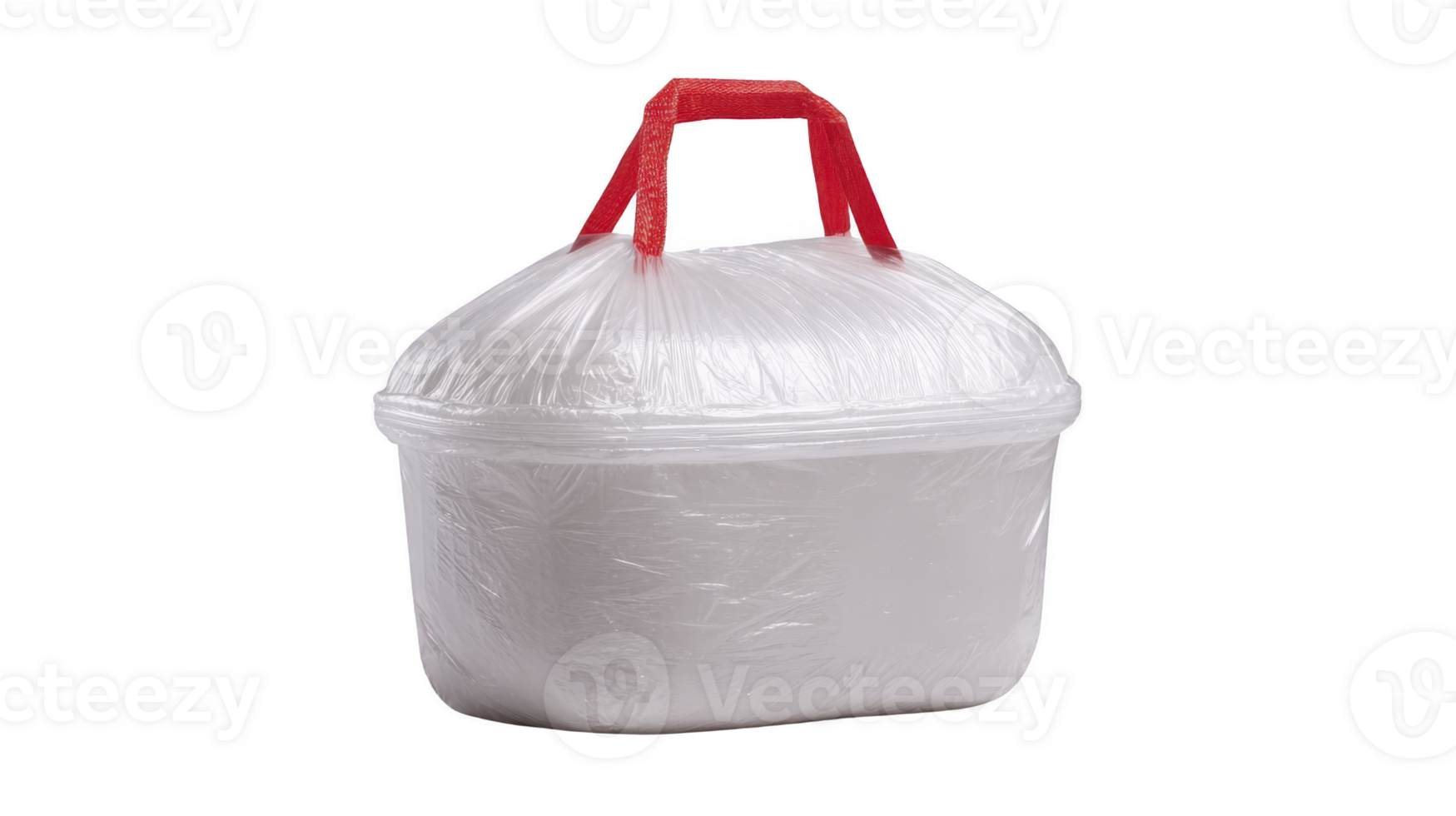 Plastic food container with transparent lid and red handle, isolated on transparency background, commonly used for takeaway meals, convenient and practical for food storage and transport png