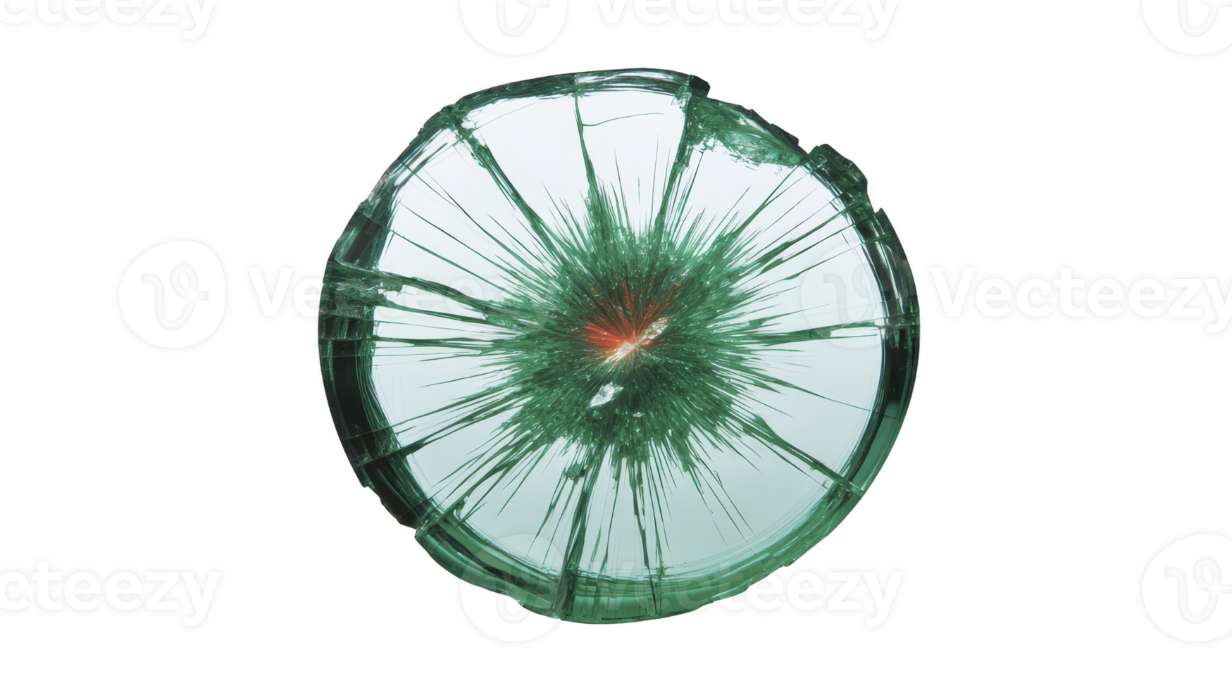 Shattered glass circle with green tint, isolated on transparency background, showing sharp cracks radiating from center, symbolizing impact, fragility, and destruction png