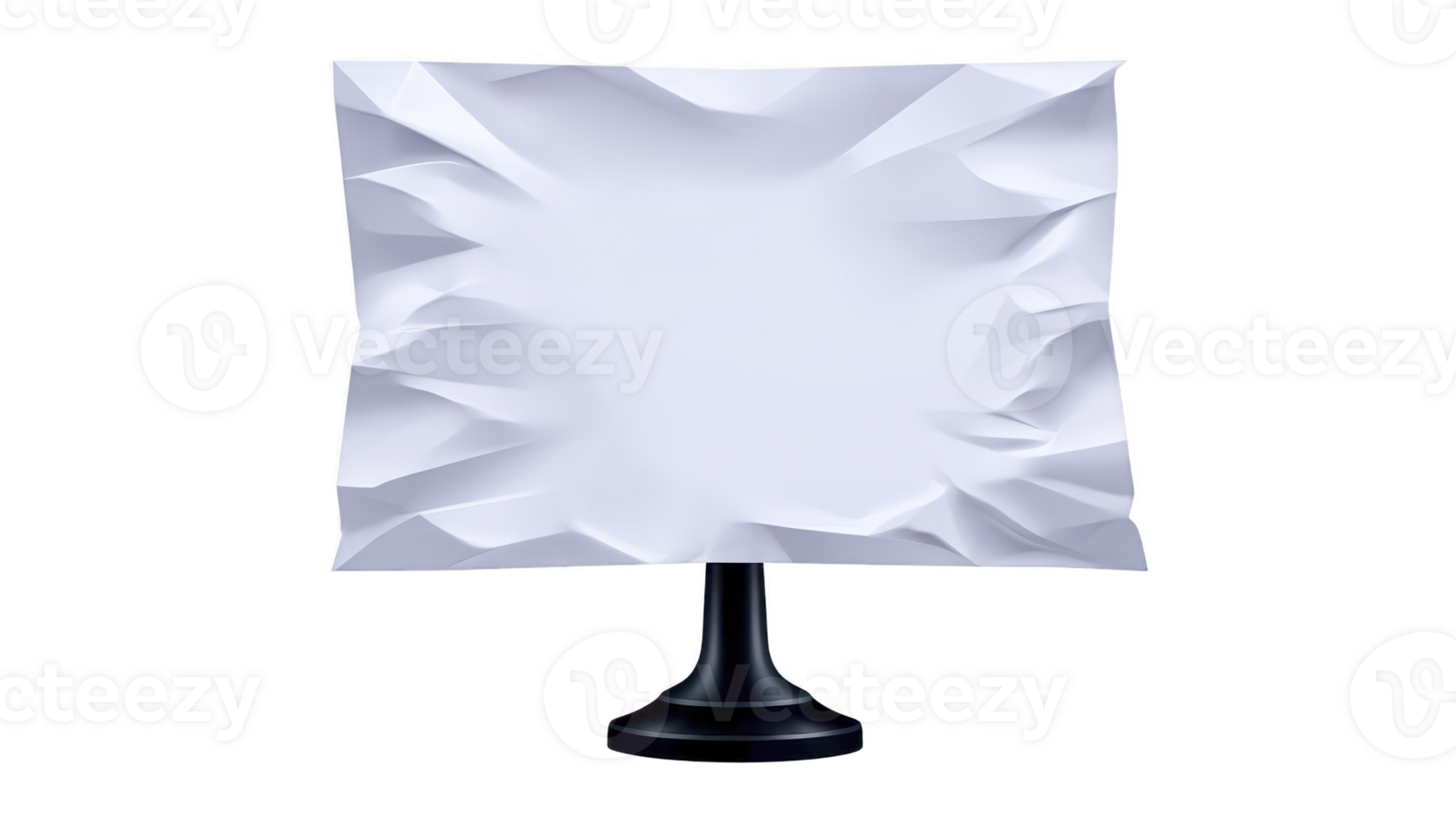 Crumpled white paper square on black stand, isolated on transparent background, modern abstract art object, minimalistic design, creative display, clean and simple style png