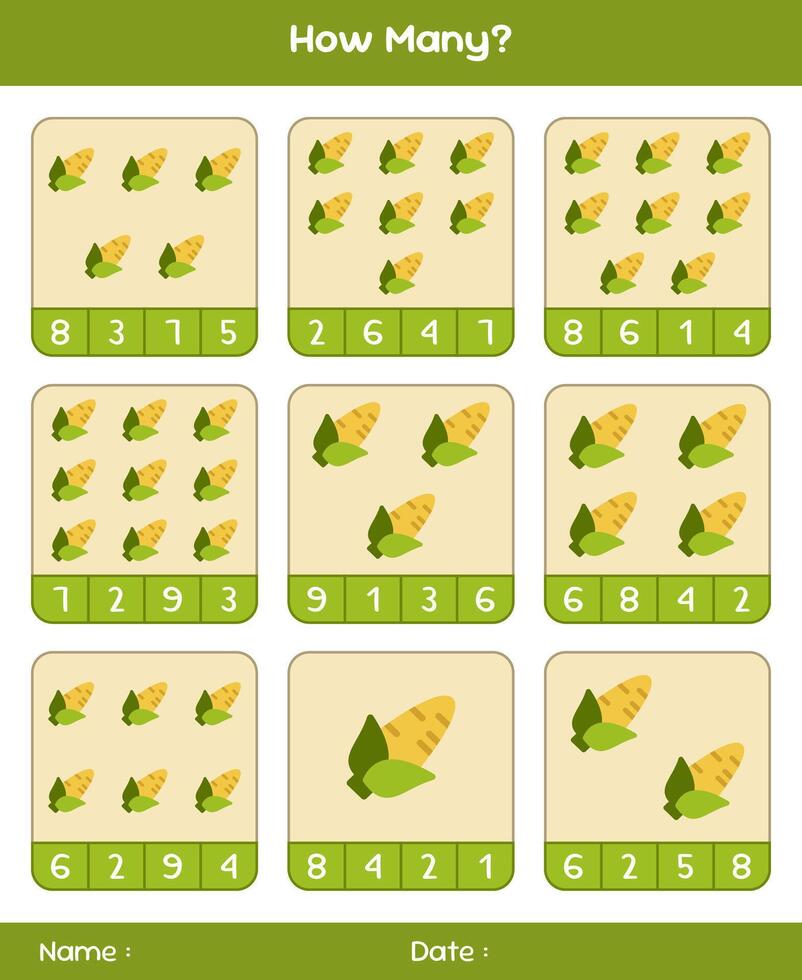 Count the number of vegetables. Educational mathematical game. Counting game for children. Kids activity sheet. Template for how many vector