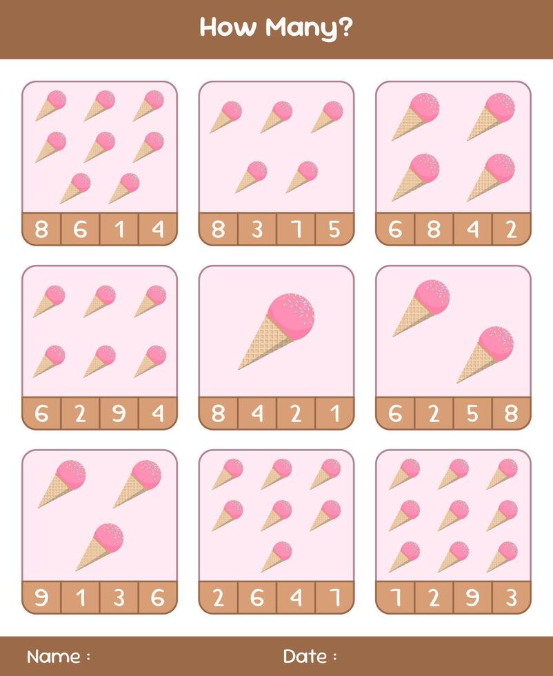 Count the number of ice creams. Educational mathematical game. Counting game for children. Kids activity sheet. Template for how many vector