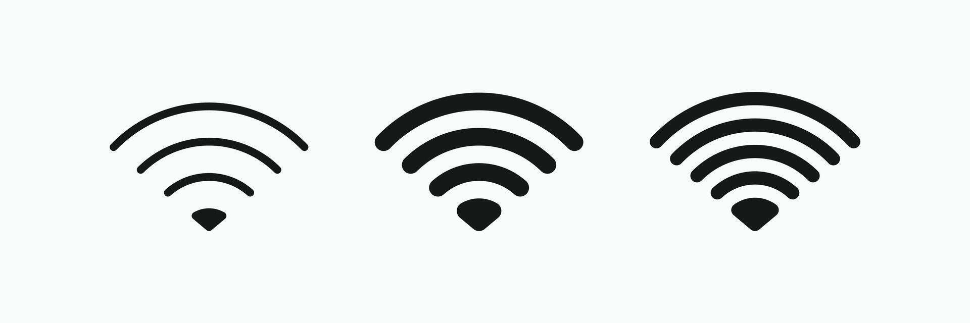 Black Wi-Fi signal strength icon set. Full, medium, and low wireless internet connection or hotspot indicator vector