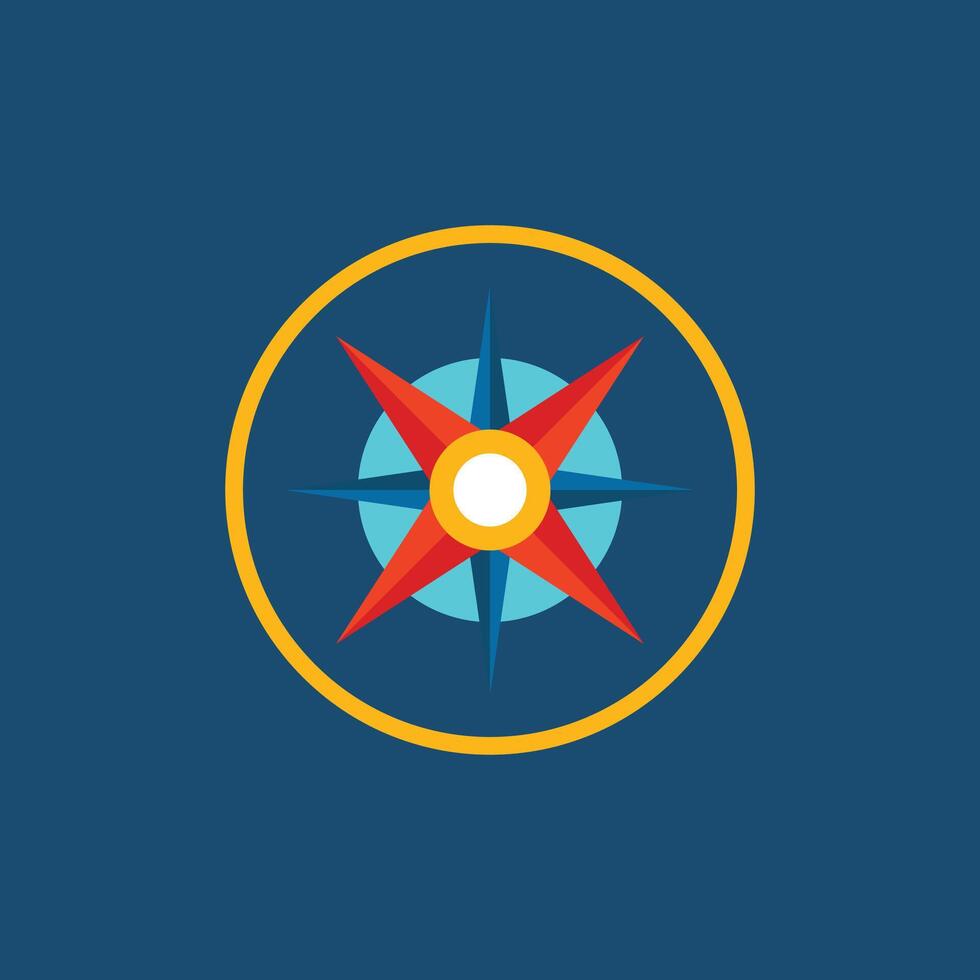 Simple yellow and blue compass icon with a sharp red directional pointer. Minimalist flat design for location, wayfinding, apps, and travel. Modern and clear GPS symbol vector