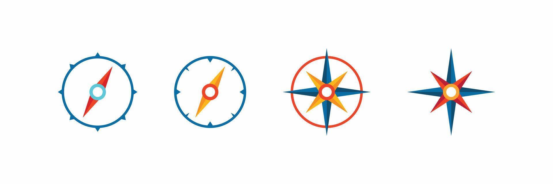 Vibrant collection of 8 flat style compass icons. Essential graphics for location apps, guidance, discovery, and adventure themes vector
