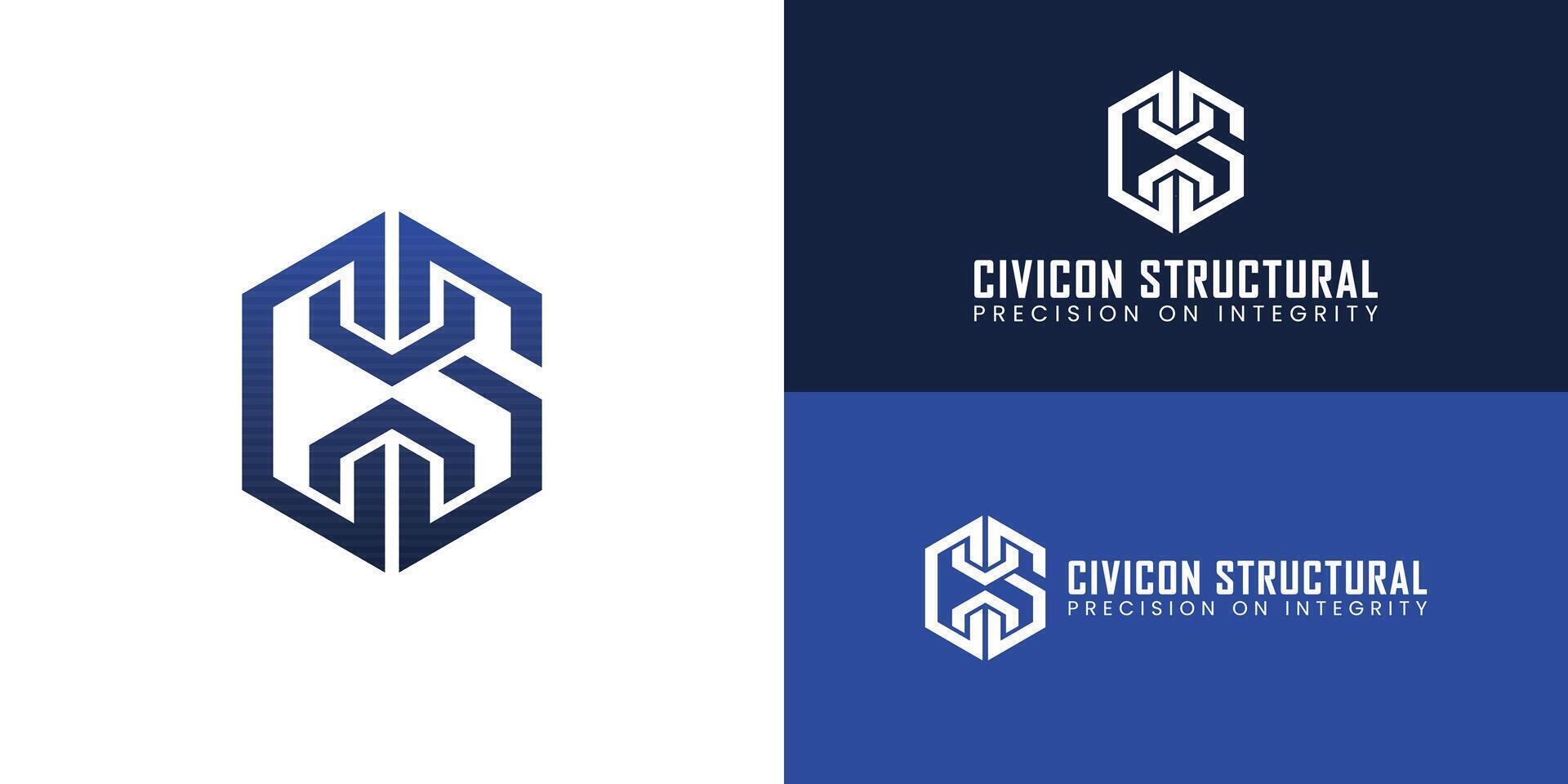 A bold monogram is set within a sleek, hexagonal frame. Intertwining geometric lines form an abstract yet sturdy figure, conveying high-end engineering and specialized construction techniques. vector