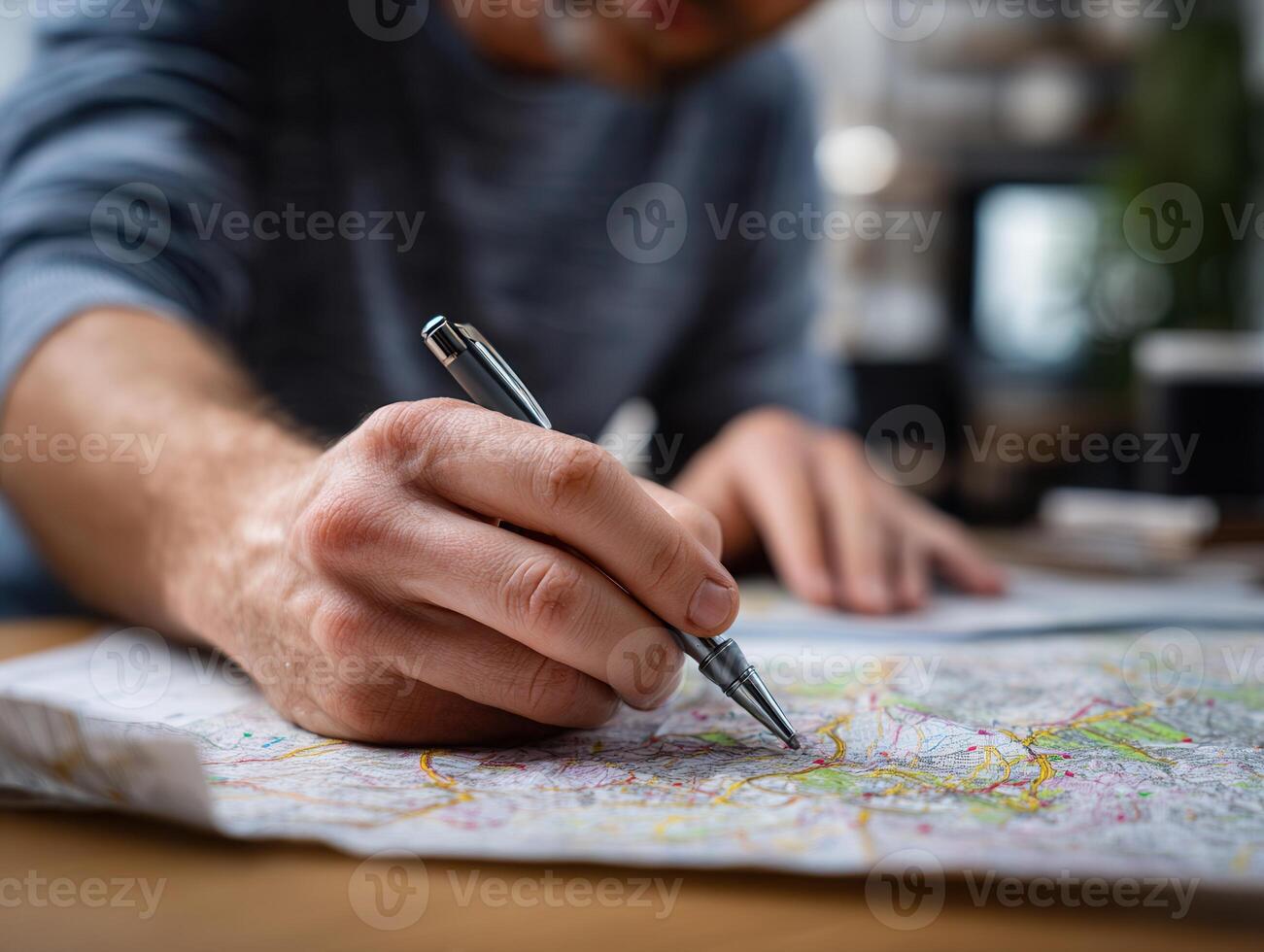 Coordinator marks specific locations on a paper map while preparing for an upcoming event in a busy office environment photo