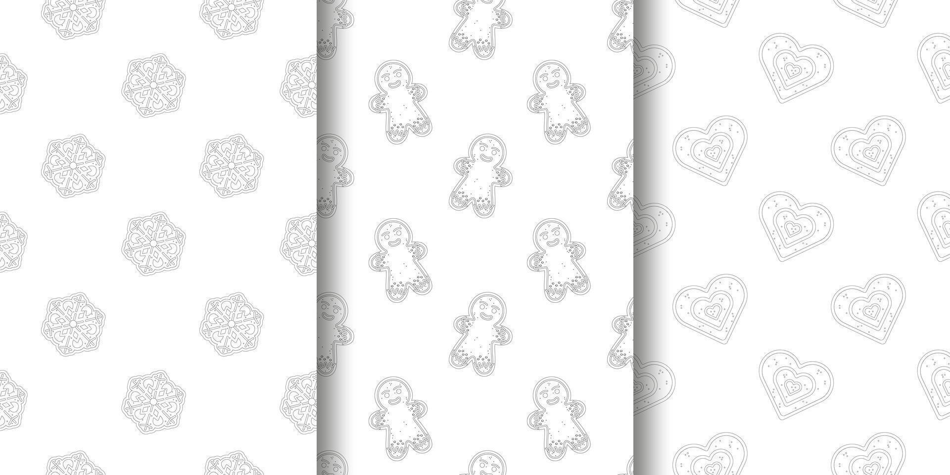 Set of three seamless holiday cookie patterns in monochrome line art left snowflake cookies with icing details center gingerbread men with smiling faces right heart shaped cookies with dotted icing vector