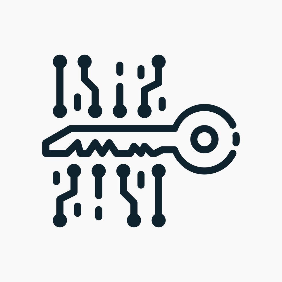 Encrypted Key icon in line style, symbolizing digital authorization, encryption control, and secure system access. vector