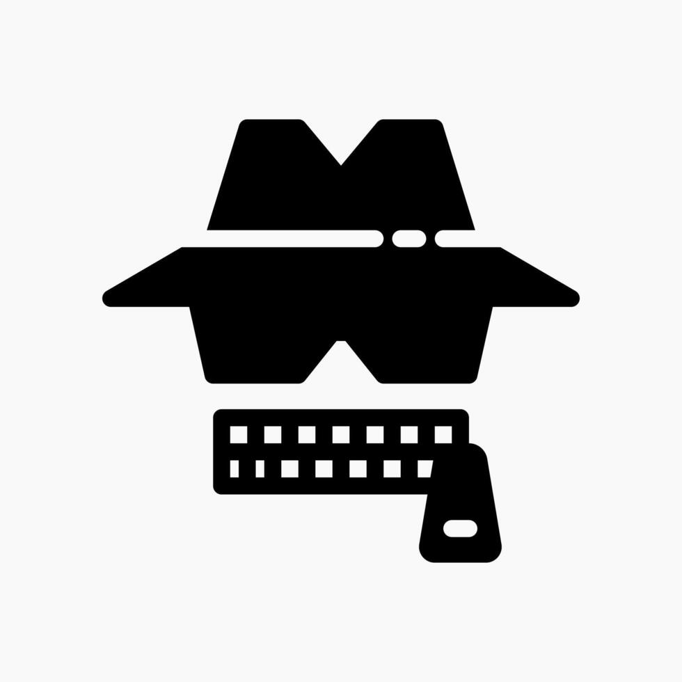 Hacker icon in glyph style, representing cyber threats, intrusion warnings, and security breach detection. vector