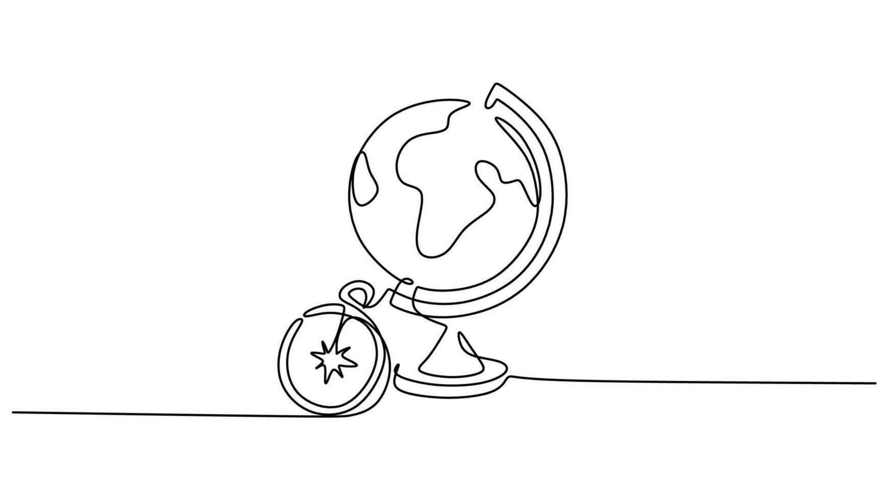 continuous line drawing of globe with compass vector
