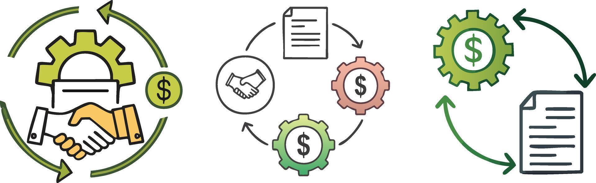Connected cog wheels with document and dollar symbol forming seamless black line icon representing business workflow vector