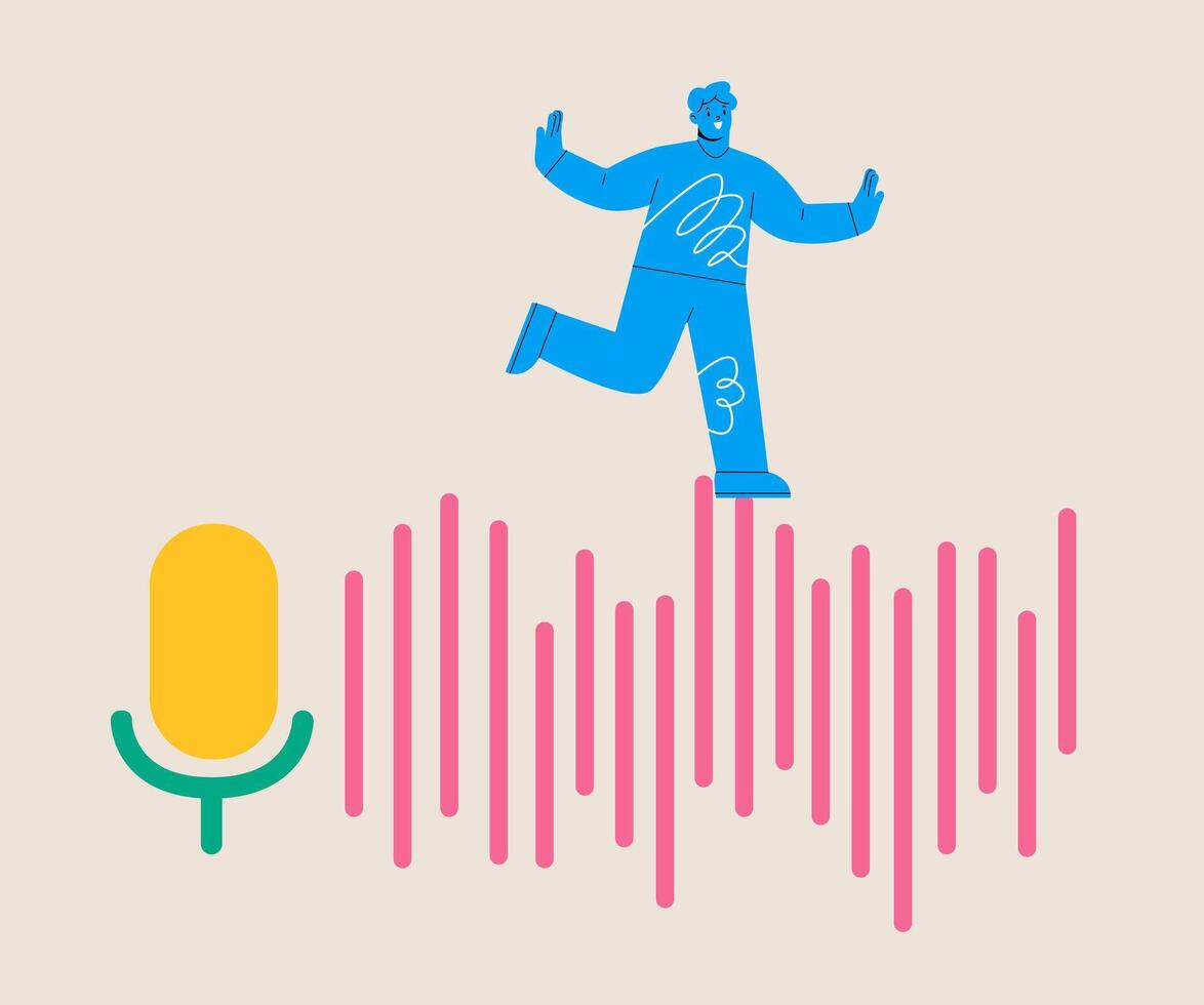 Man walking on sound wave from microphone. Colorful illustration vector