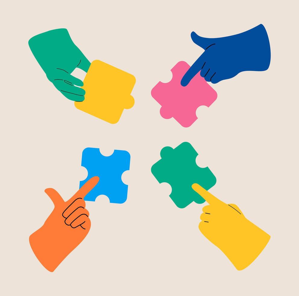 The metaphor of partnership, problem solving, brainstorm. Hands pointing and moving puzzle pieces. Colorful illustration vector