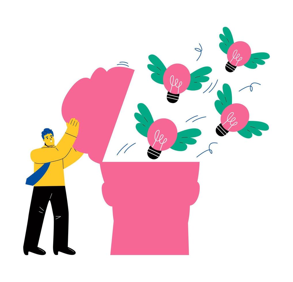 Business man open brainto develop and generate new ideas. Open mind to new ideas and knowledge. Flat illustration isolated on white background vector