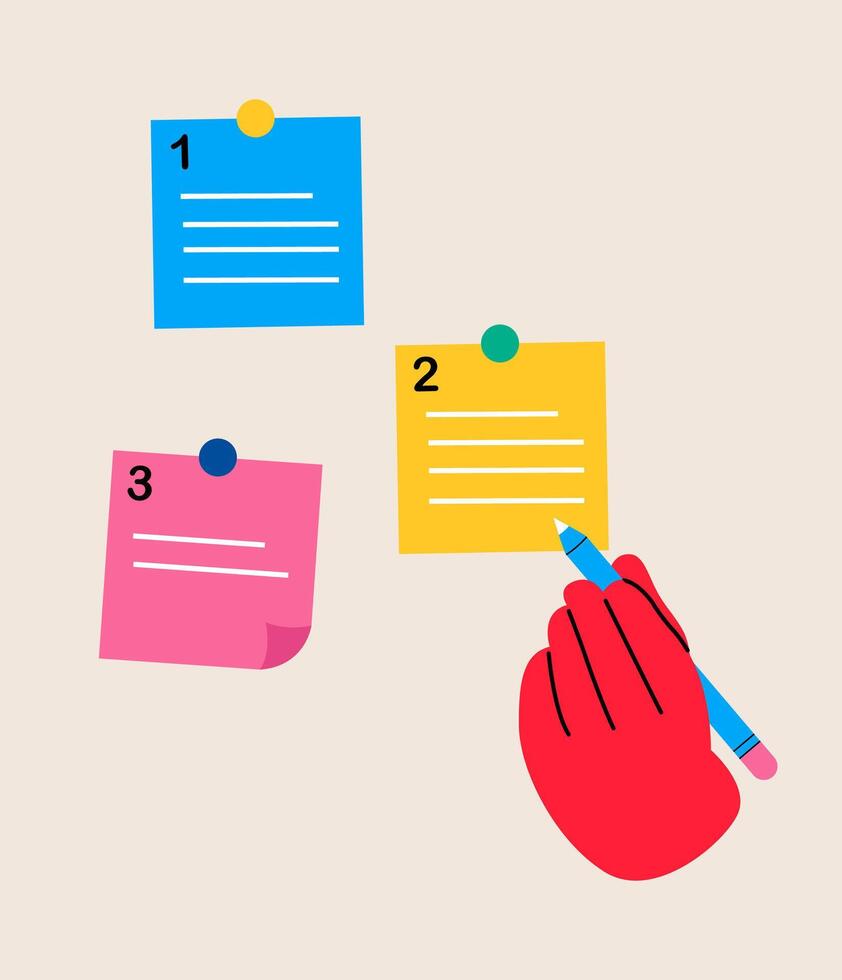 Hand holding pencil categorized notes. Sorting important or urgency tasks. Colorful illustration vector