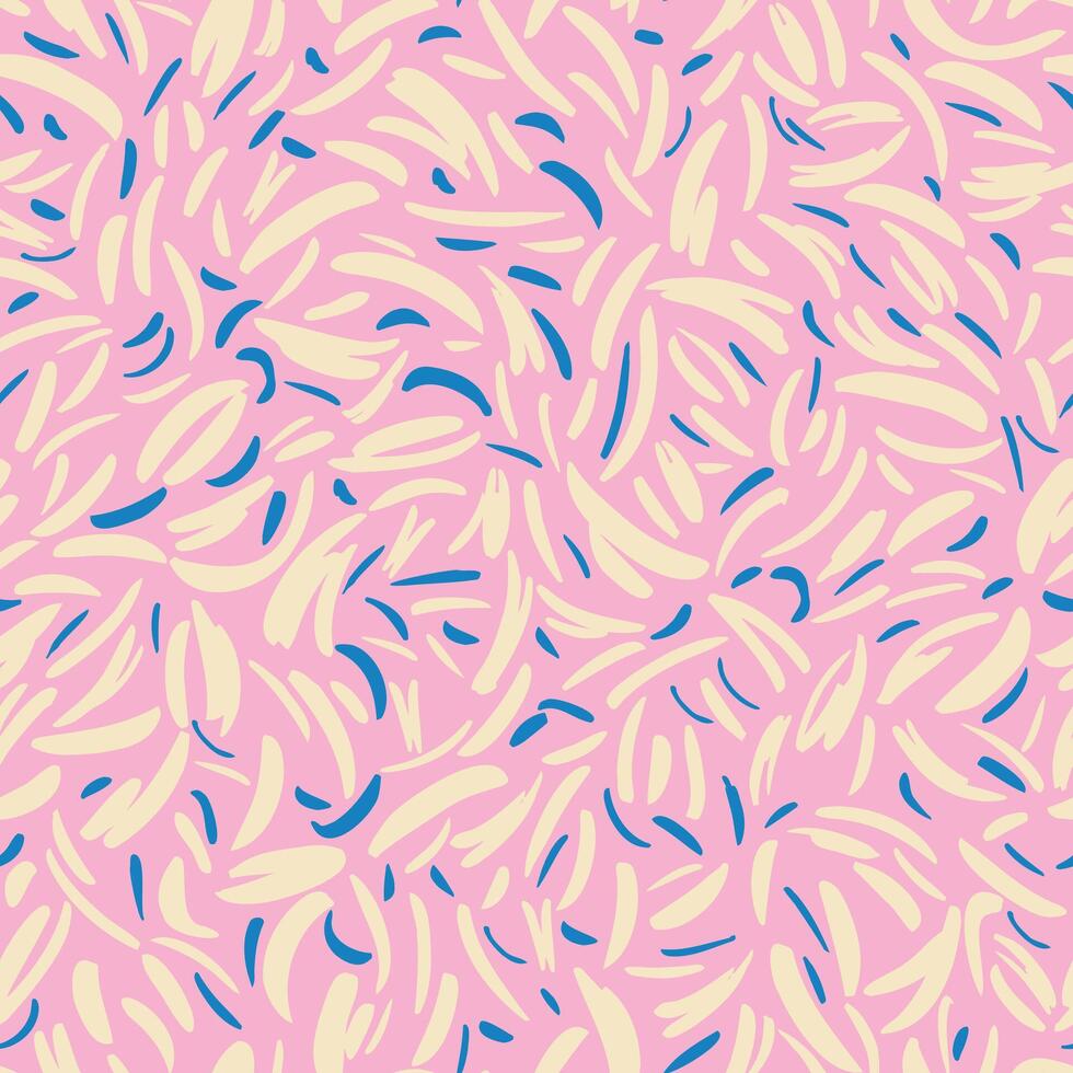 Seamless pattern with soft cream and bold blue abstract brush strokes on a pastel pink background. Playful, dynamic texture perfect for textiles, packaging, and modern decor vector