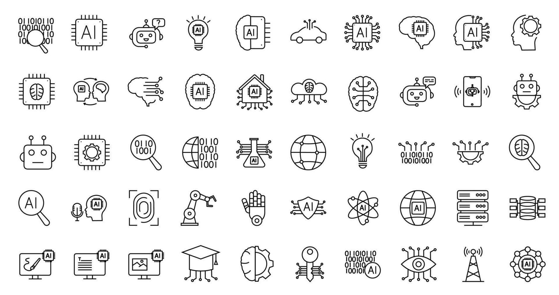 artificial inteligencia íconos conjunto en línea estilo. neural, red, automatización, tecnología, virtual, aprendiendo, asistente, máquina, robot, bot, cerebro y más. vector
