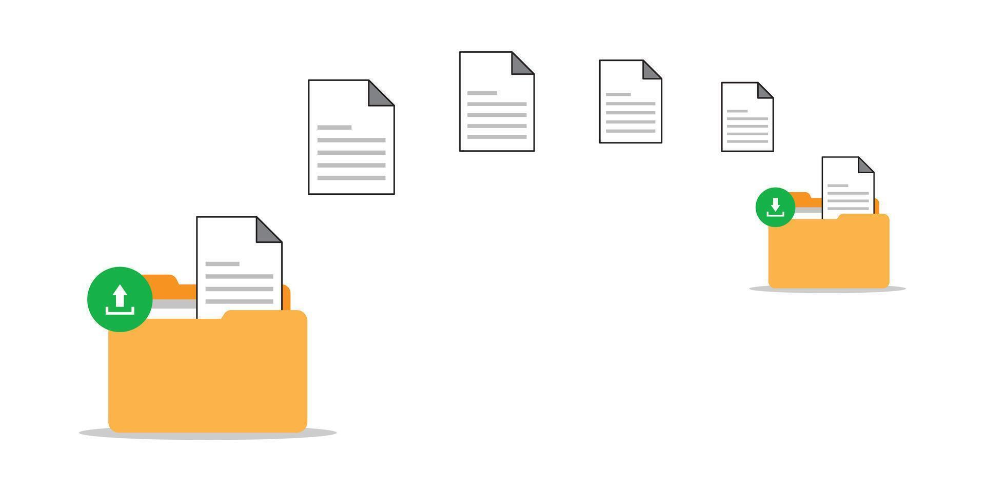 Data transfer concept, backup files, document stored in cloud technology, upload and download process, flat illustration vector