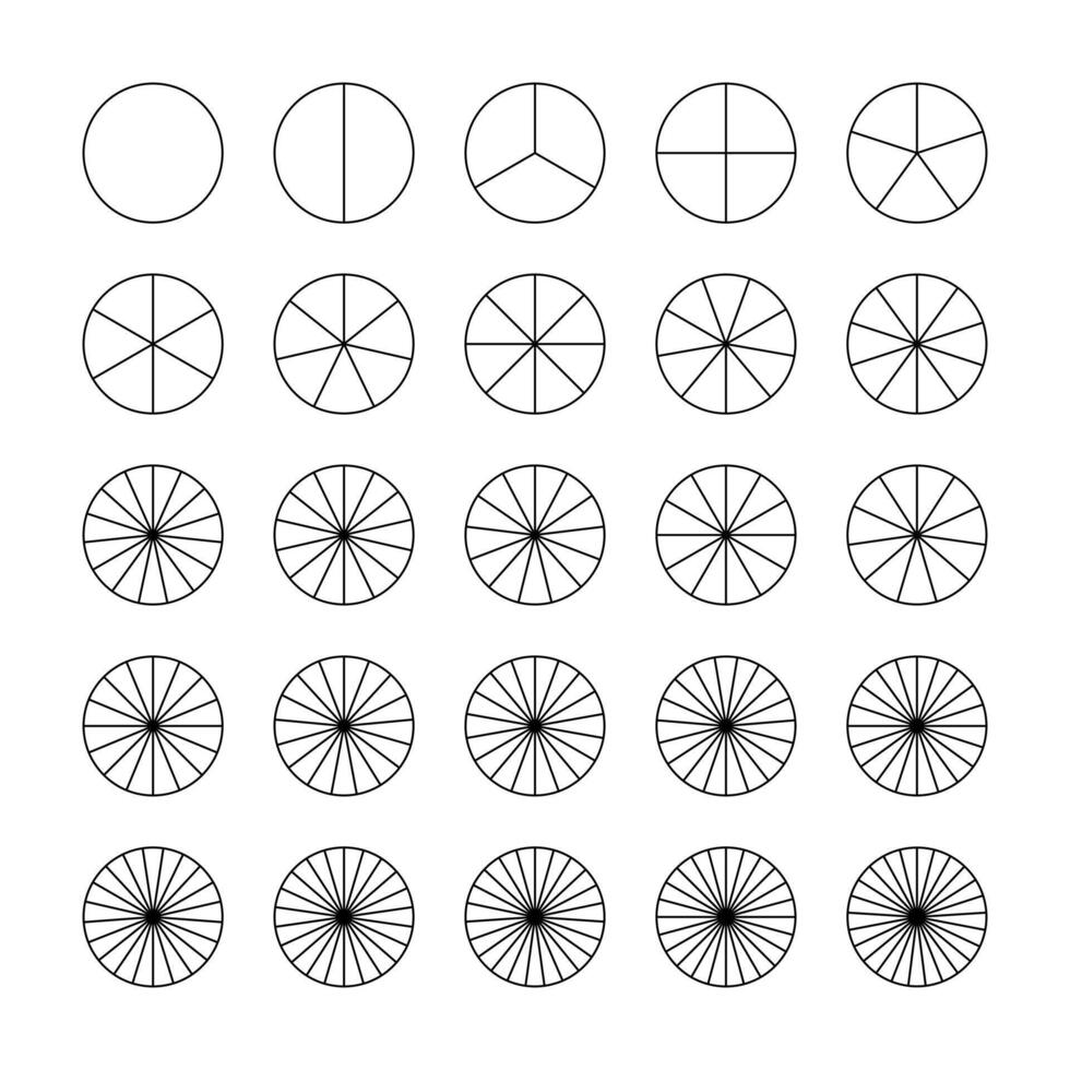 Parts of diagram wheel from 1 to 25. Pie chart template. Coaching blank. Segmented charts. Sectors divide the circle on equal parts. Black outline graphics. Pie charts, pizza charts set. Segments vector