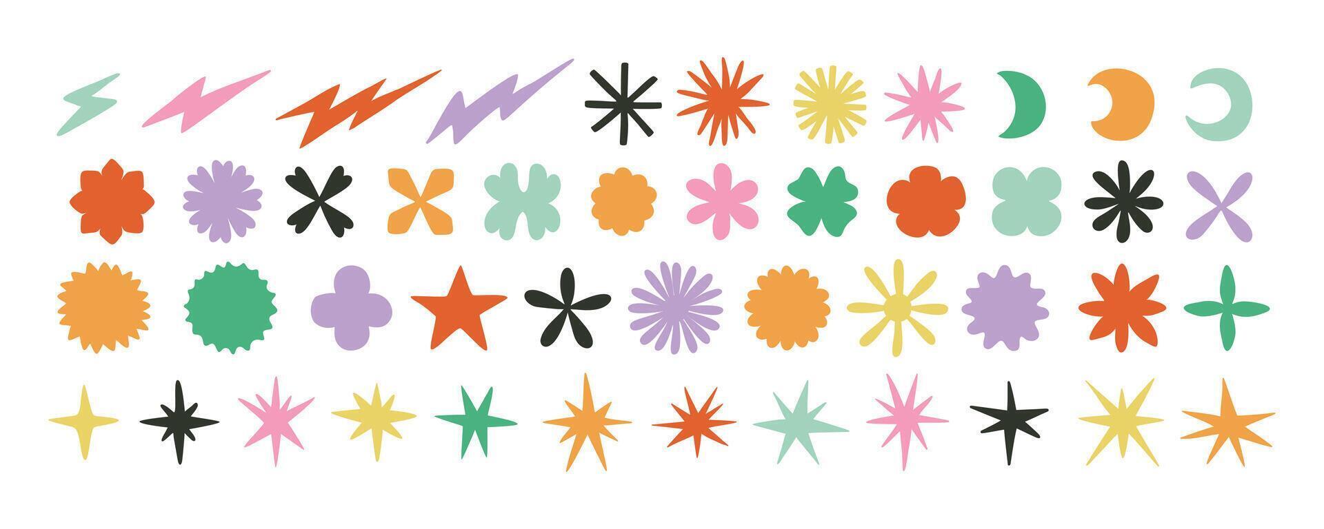 Y2K Minimalist retro Geometric Shapes Set. Stars, Flowers and Circles with ZigZag Edge. Hand drawn Symbols, Labels and Icons. vector