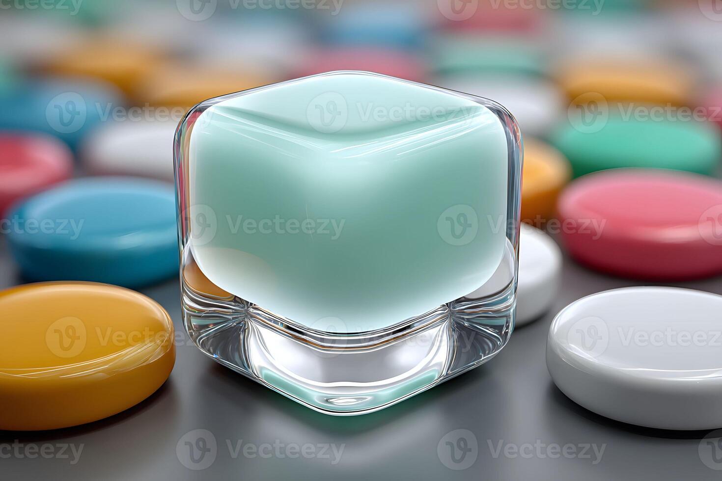 Abstract Display of Colorful Rounded Objects and Transparent Cube for Modern Design Concepts photo
