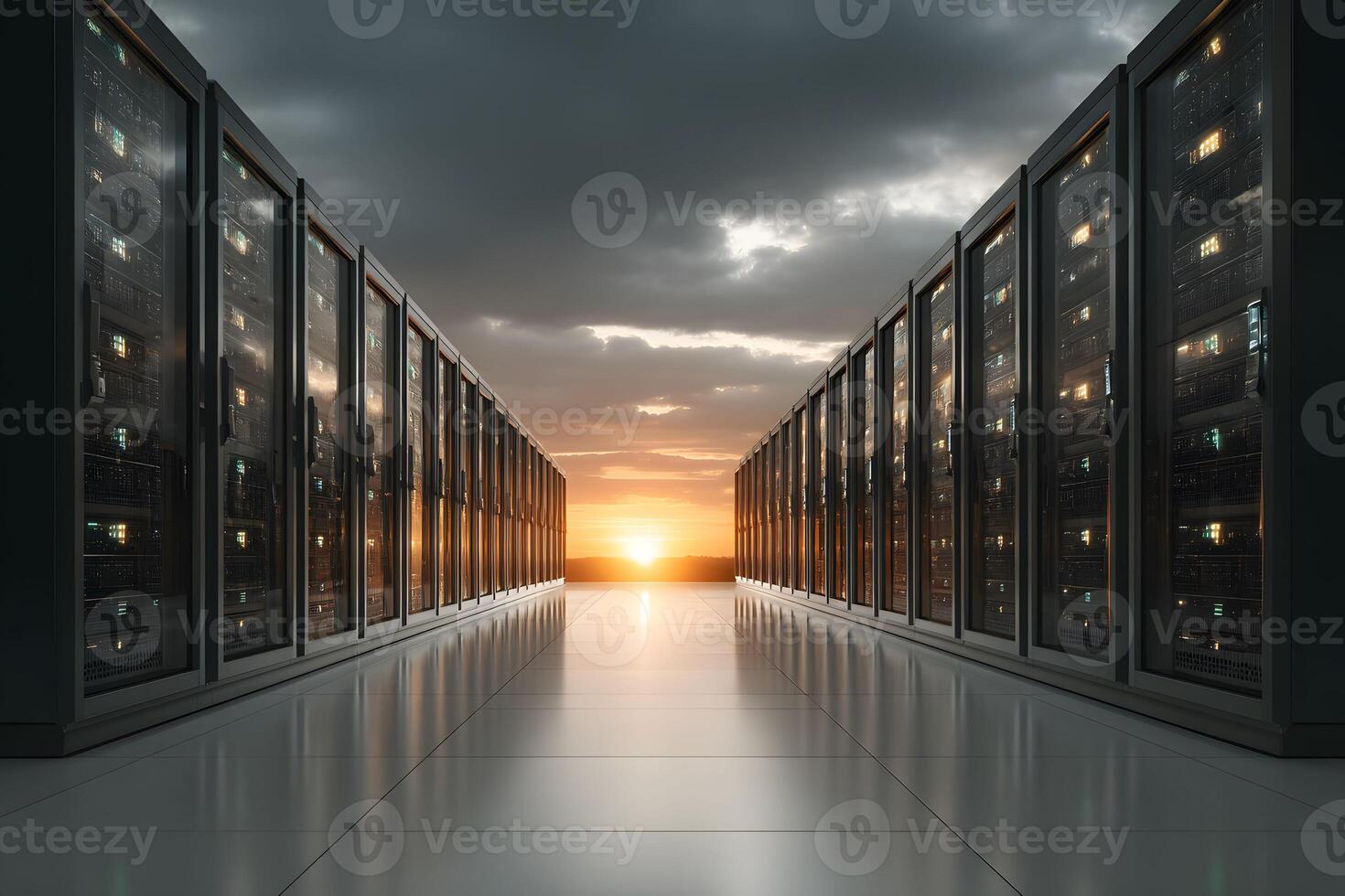 Data Center Corridor at Sunset Technology Infrastructure and Security Concept for Networking Solutions photo