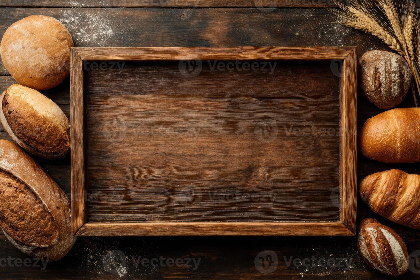 Rustic display of bread on wooden table with wheat photo