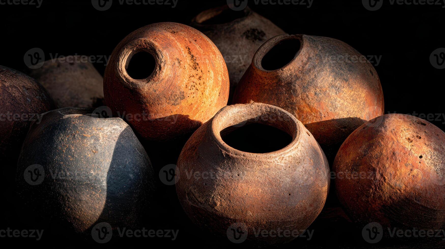 Ancient clay pots displaying unique shapes and textures photo