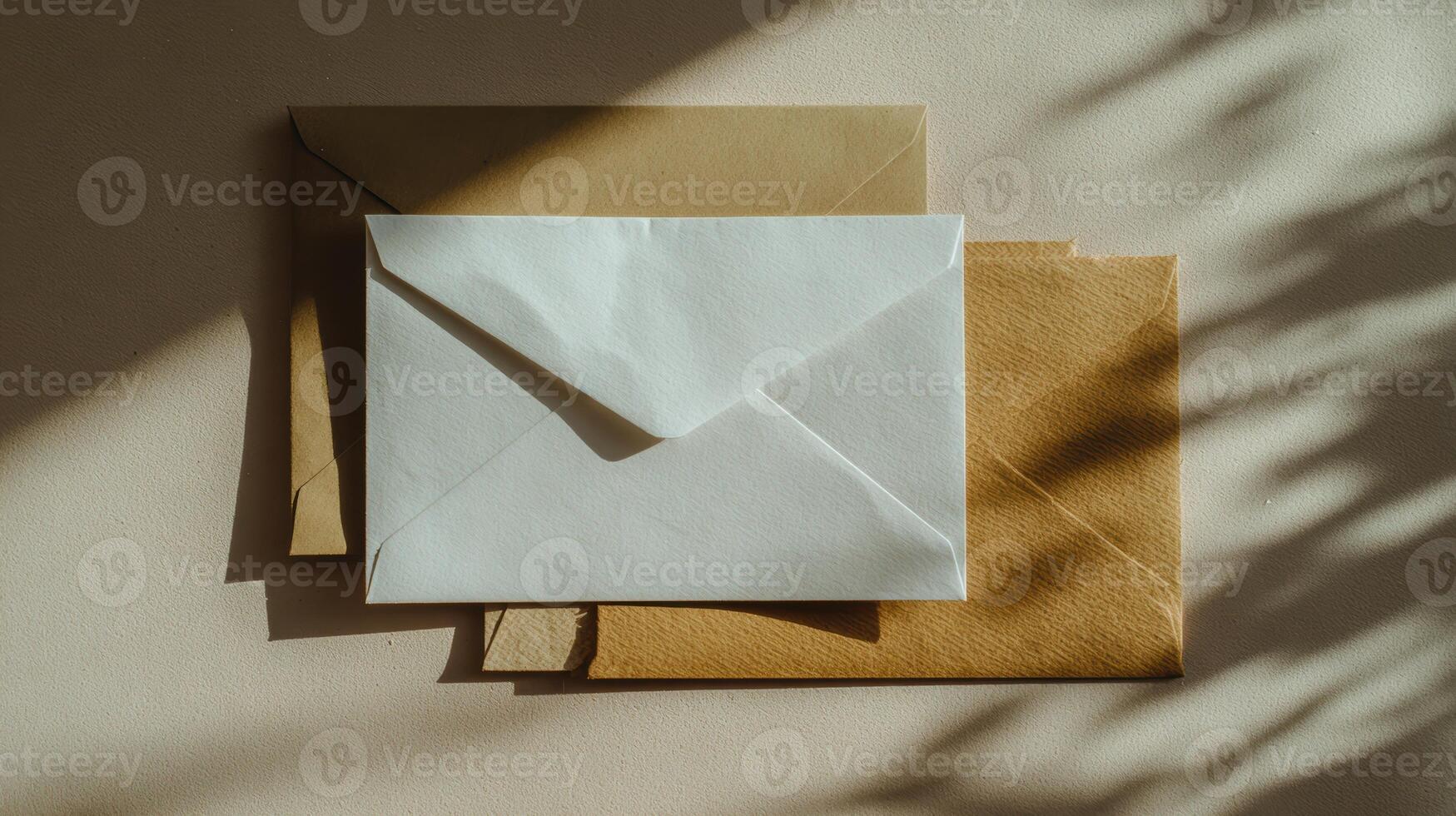 Stack of envelopes resting on a light surface photo
