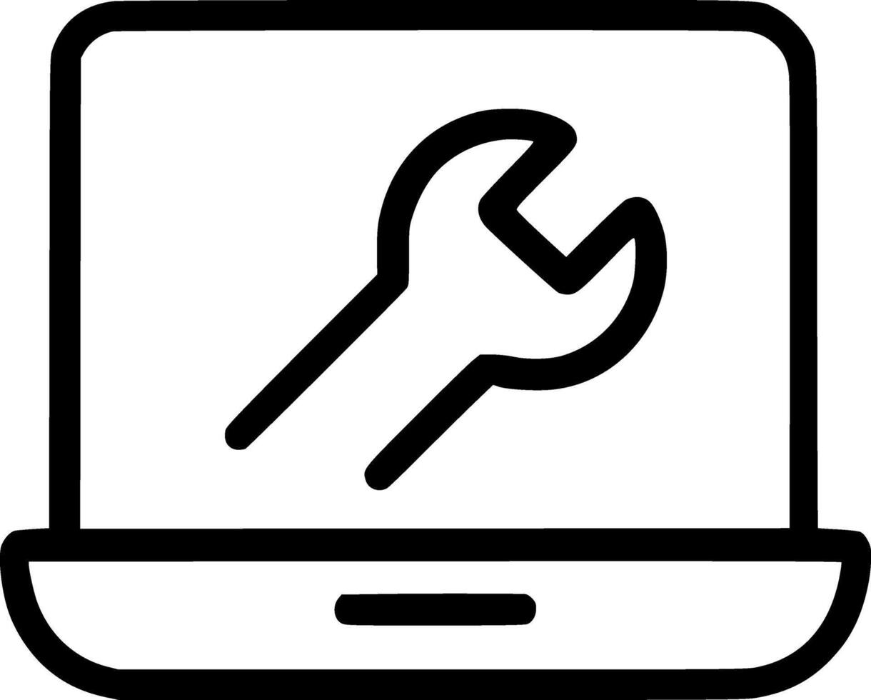 simple outline icon of a wrench on a laptop screen ideal for tech support repair services and software troubleshooting graphics vector