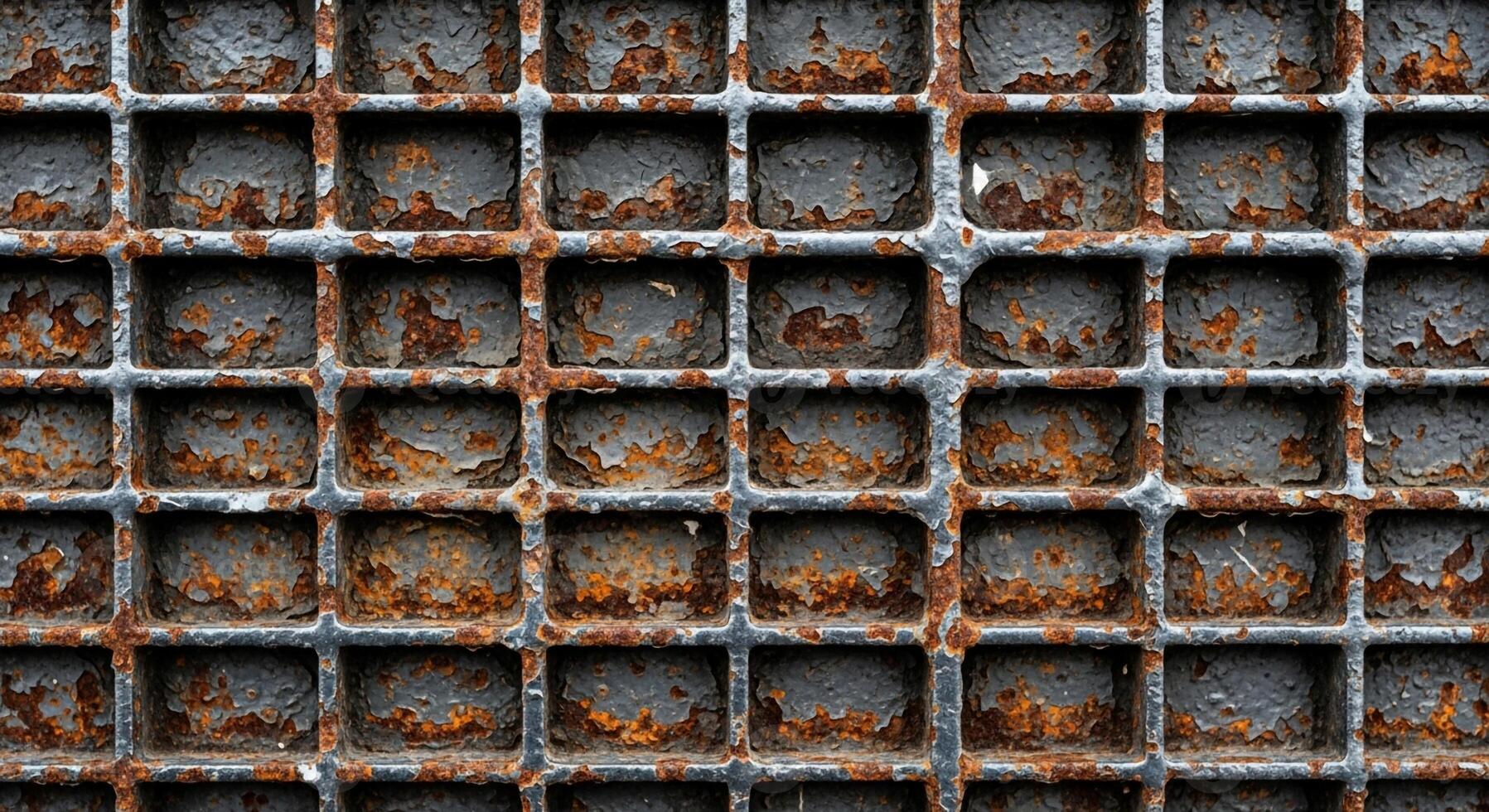 Close up abstract view of a weathered and rusted metal grate with square openings showing decay and texture photo