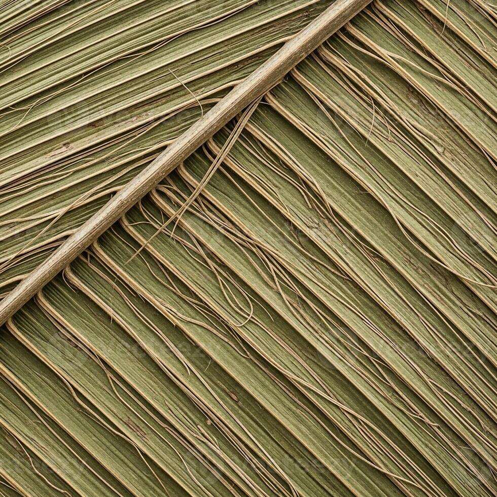 Close up view of the intricate natural texture and pattern of a dried palm frond with its central rib visible photo