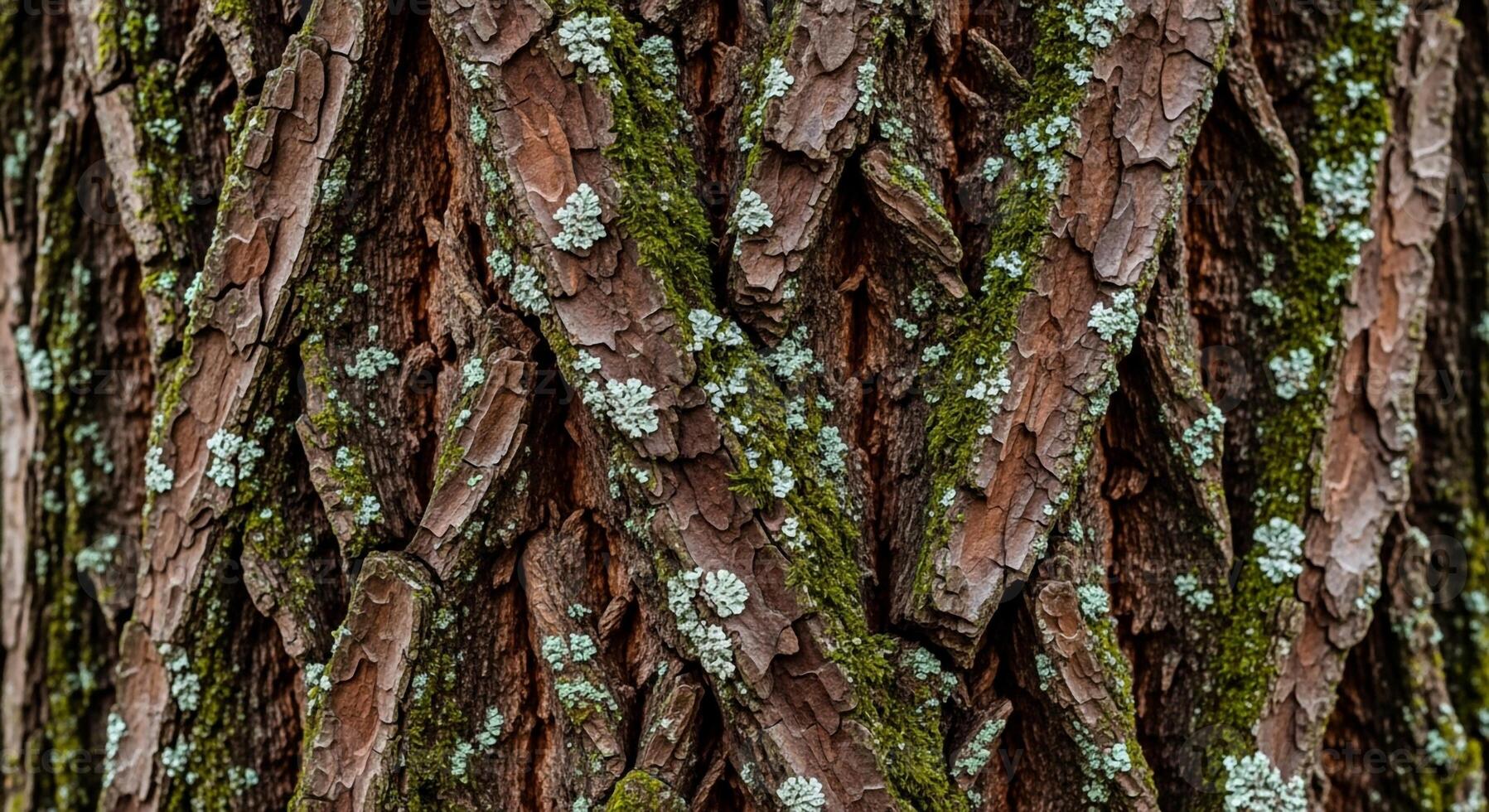 Close up textured view of rough reddish brown tree bark with patches of green moss and lichen photo