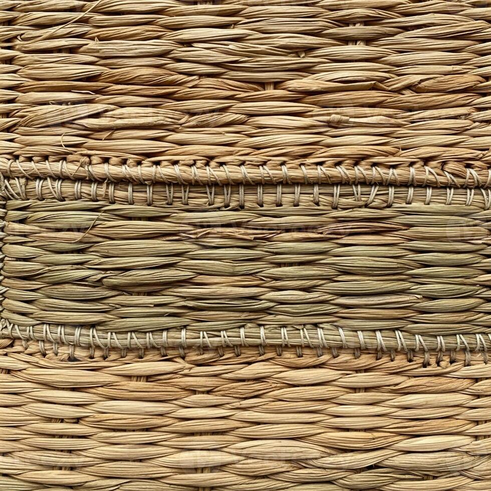 Close up textured background of woven natural straw mat with horizontal bands of varied color and weave patterns photo