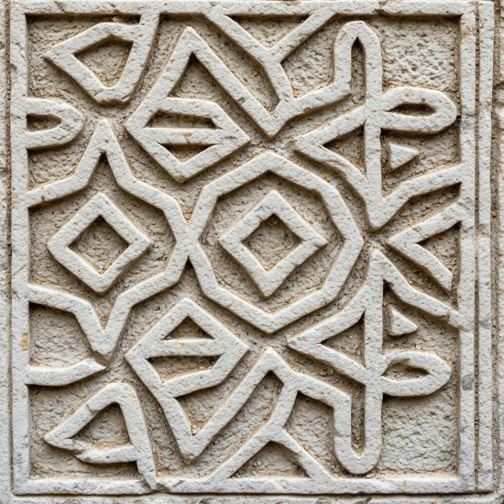 Intricate geometric pattern carved into stone with repeating diamond and abstract shapes photo
