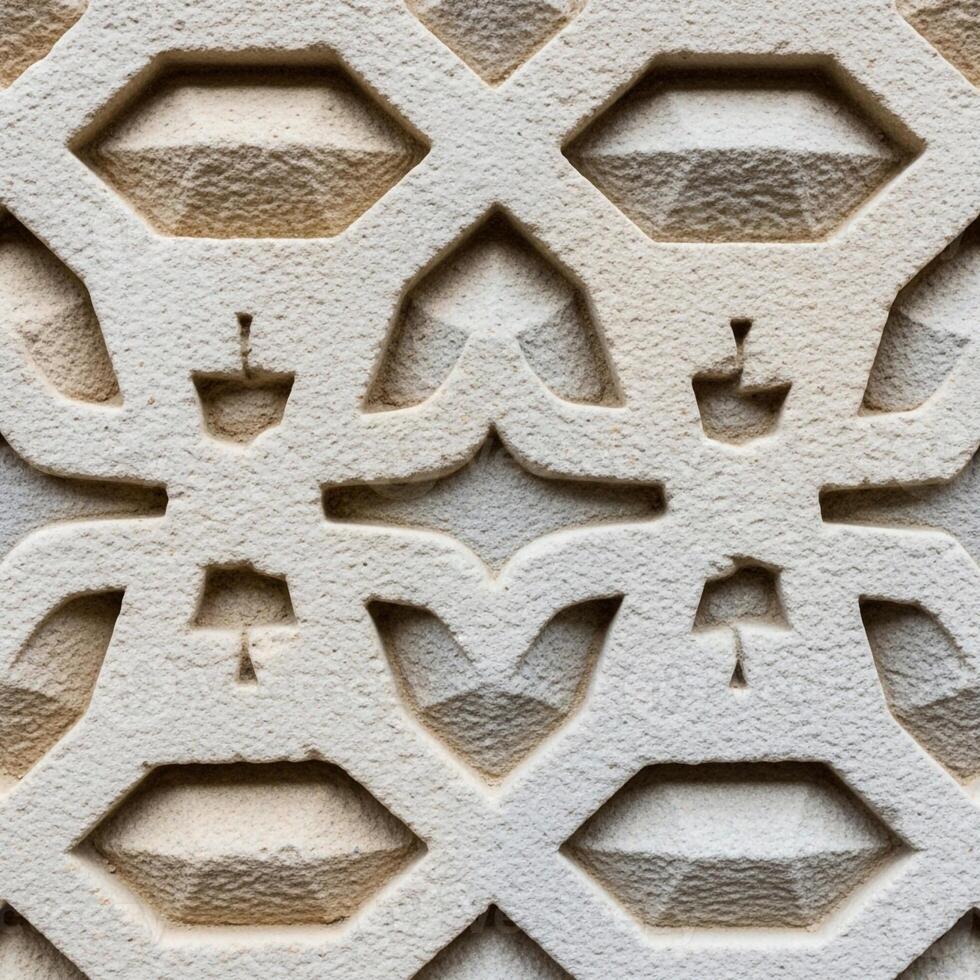 Intricate geometric lattice pattern carved into aged stone with subtle shadows and highlights creating depth and texture photo