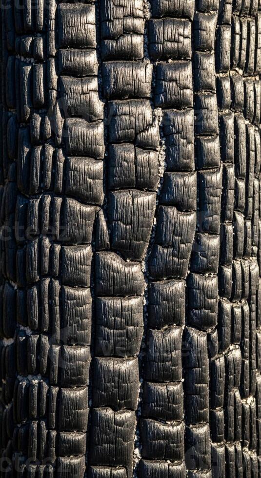Close up texture of charred tree bark showing deep vertical grooves and blackened patterns from a fire photo