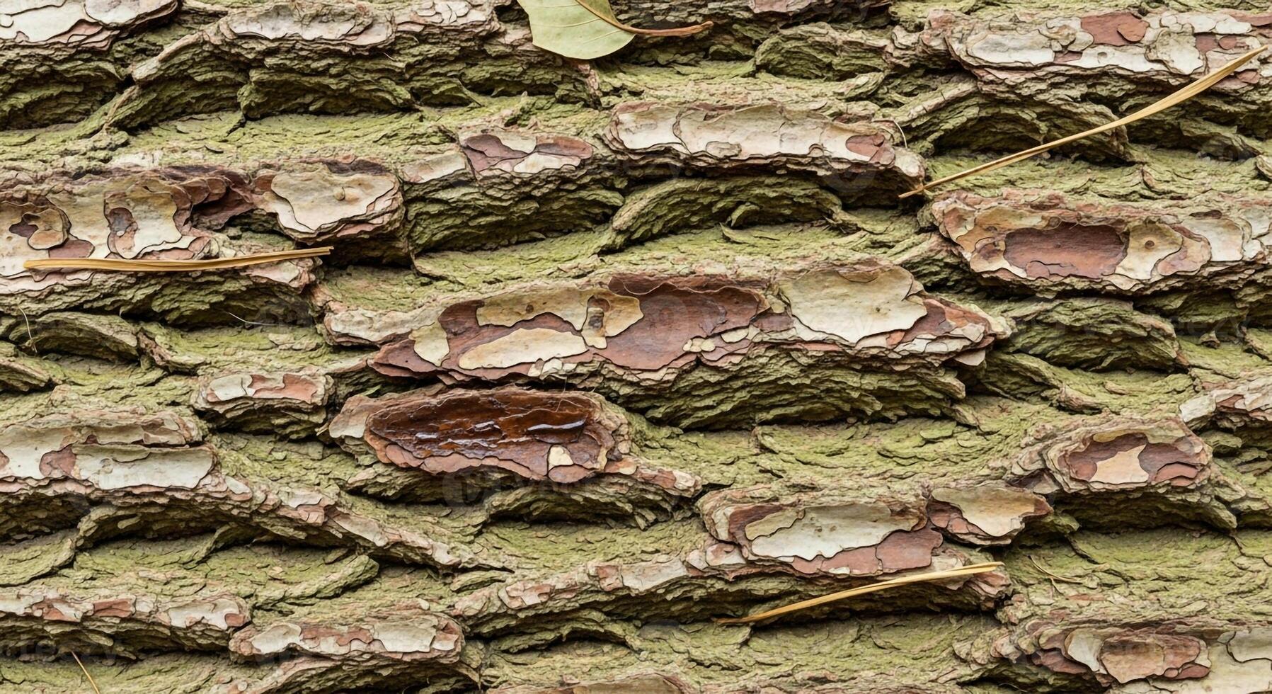 Close up textured view of rough weathered tree bark with intricate patterns and earthy green moss growth photo