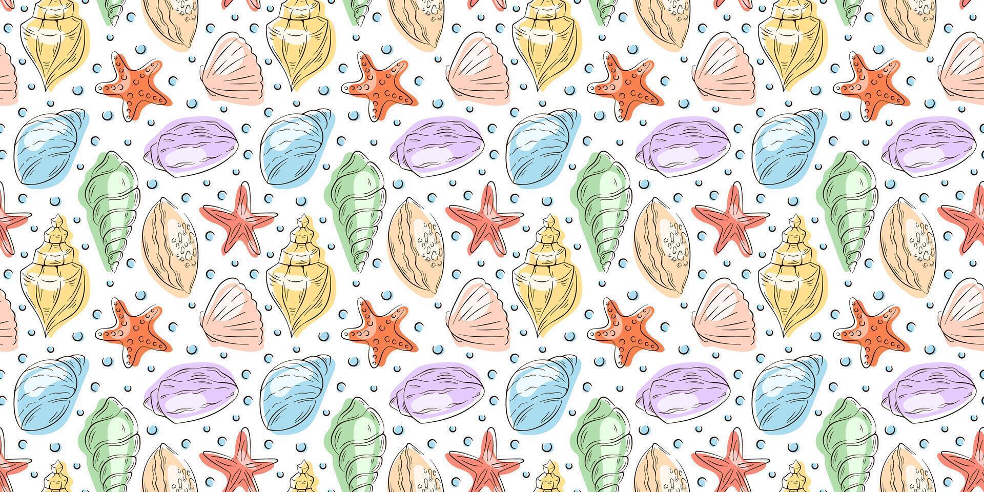 Seamless pattern with seashell and starfish with bubble in flat style. Ocean theme design for beach decoration and marine artwork. vector
