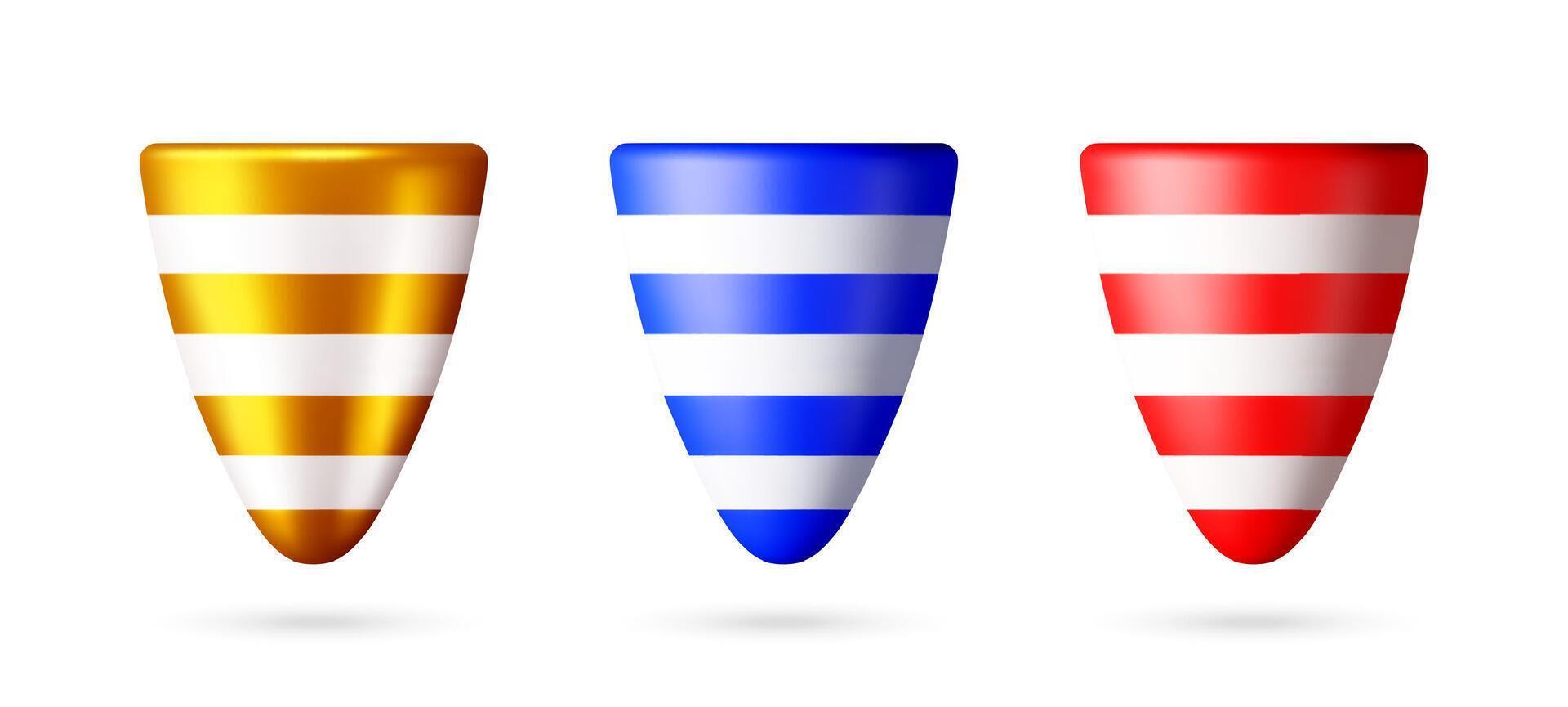 Set of three 3d party popper cone with stripped pattern. Celebration and holiday concept. Party accessory for festive event illustration vector