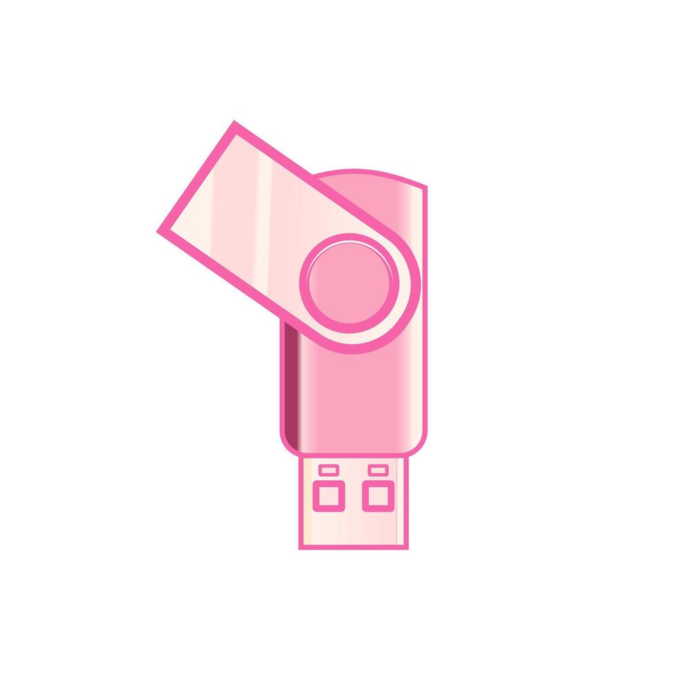 A stylized pink USB flash drive illustration on a pale background. The isometric design and soft shadows create a retro digital device vibe, suitable for tech-themed artworks. vector