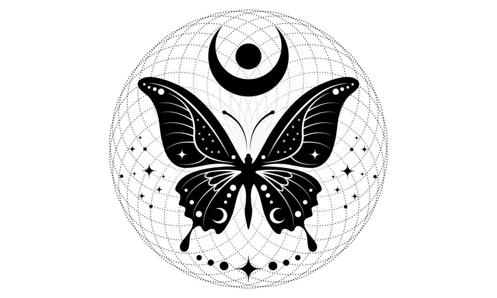 mystical butterfly and celestial crescent moon symbol, Sacred Torus, Pagan wiccan design. Esoteric boho moth logo for spiritual practices of ethnic and rites, isolated on white background vector