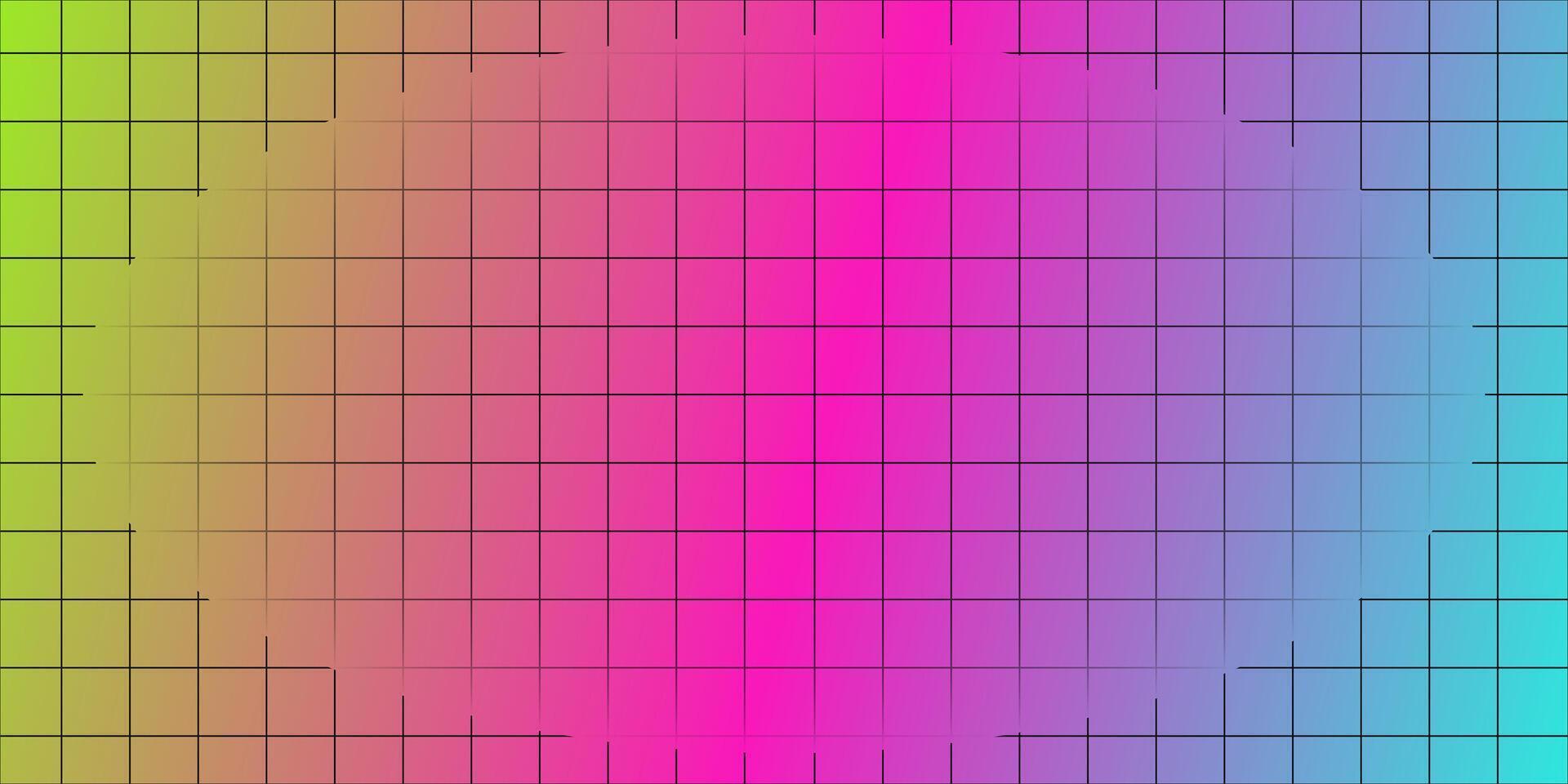 Neon color gradient background overlaid with a uniform square grid pattern. vector