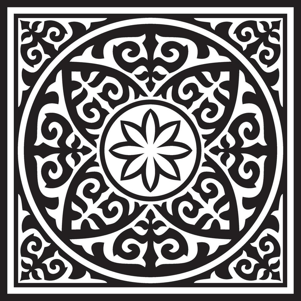 Kazakh national square black monochrome ornament frame. Ethnic pattern. Rectangle reflecting nomadic culture. Suitable for design and textiles. vector