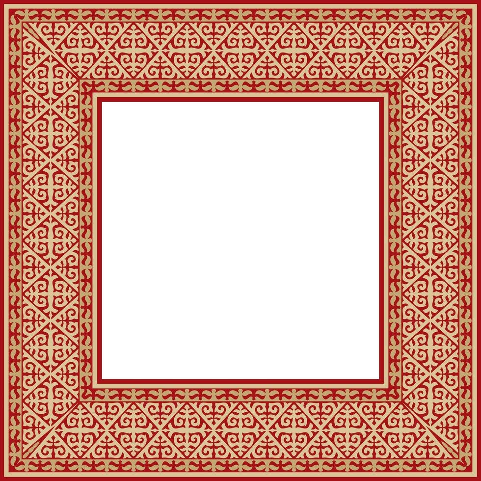 Kazakh national square gold frame with red ornament. Ethnic pattern. Rectangle reflecting nomadic culture. Suitable for design and textiles. vector