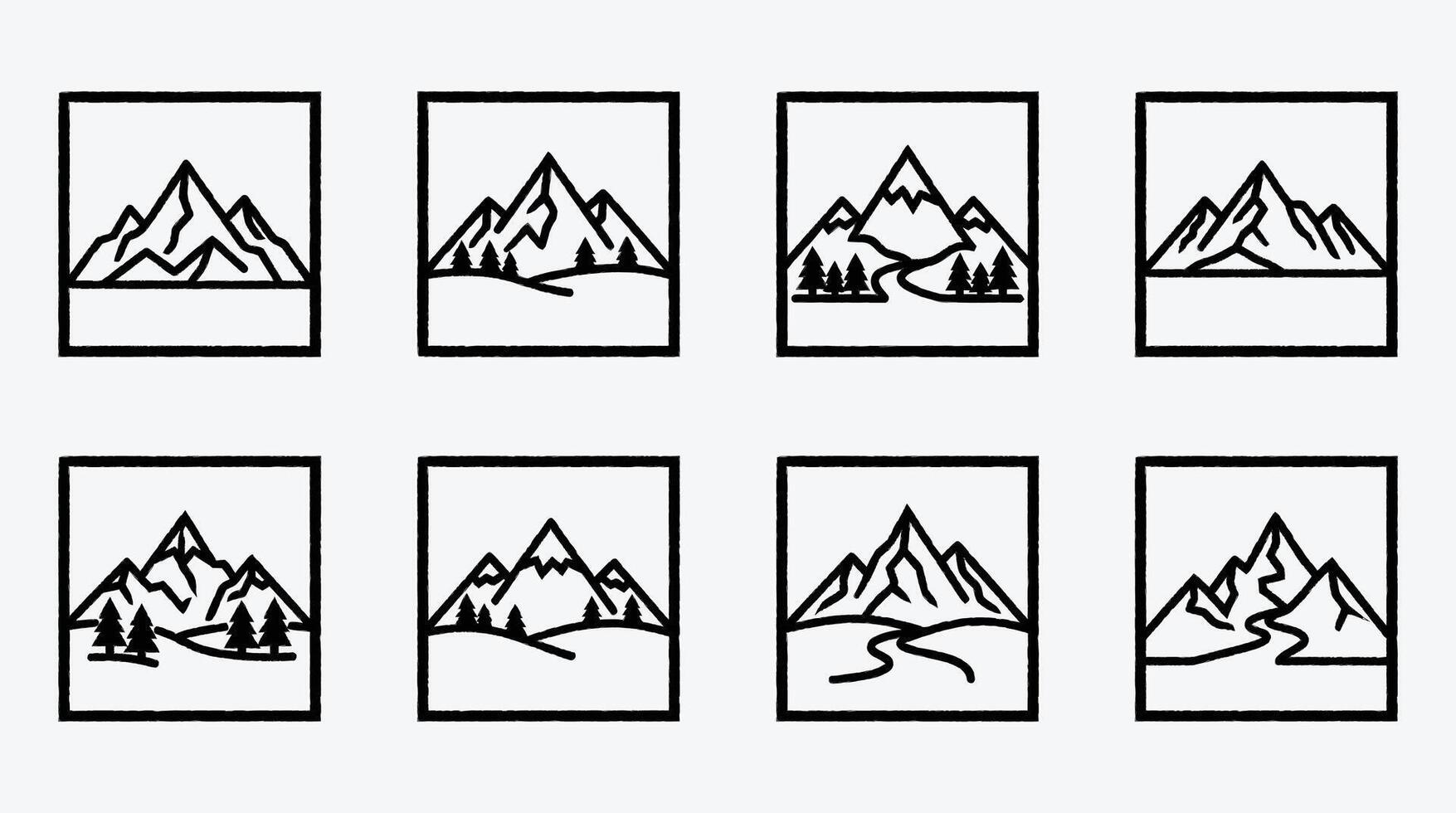 Mountain outline icons set in frames with nature elements design vector